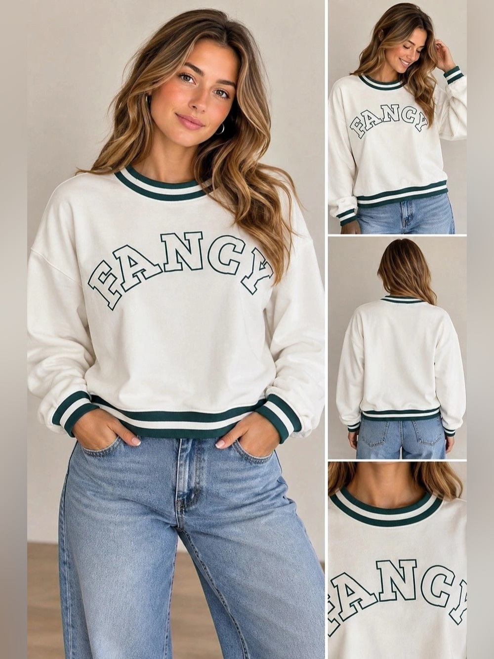 FANCY Ribbed Varsity Sweatshirt Varsity Sweatshirt in White & Green / Size  L/XL